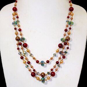 Multi color bead necklace, 3 rows of beads in deep red, green glass beige pearls